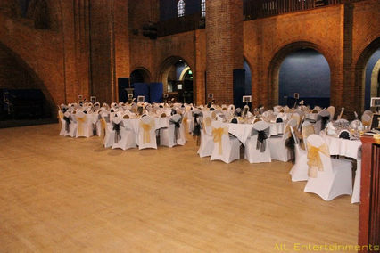 Early preparations for a graduation party at Kelham Hall (The Dome/The Great Hall), Newark, Nottinghamshire, by Alt. Entertainments Mobile DJ, Disco & Events. Lighting and sound equipment set up for an upcoming celebratory event.