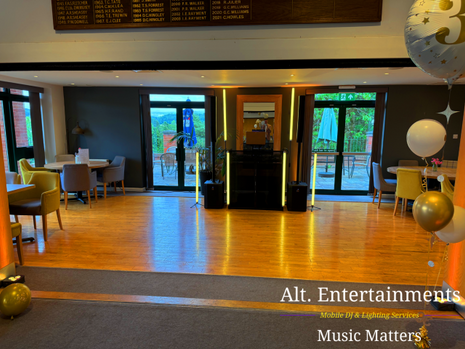 Professional mobile DJ setup by Alt. Entertainments at a 30th birthday party in Churchill & Blakedown Golf Club near Kidderminster, Worcestershire, featuring sound and lighting equipment for a private event.