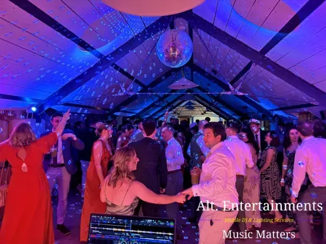 Wedding guests dancing and celebrating at Grangefields Barn in Ashbourne, Derbyshire, with DJ entertainment provided by Alt. Entertainments.