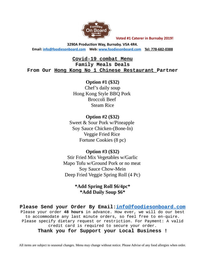 Family Meals Deals- March,30 to April,02, 2020-From Our Partner Hong Kong#1 Chinese Restaurant