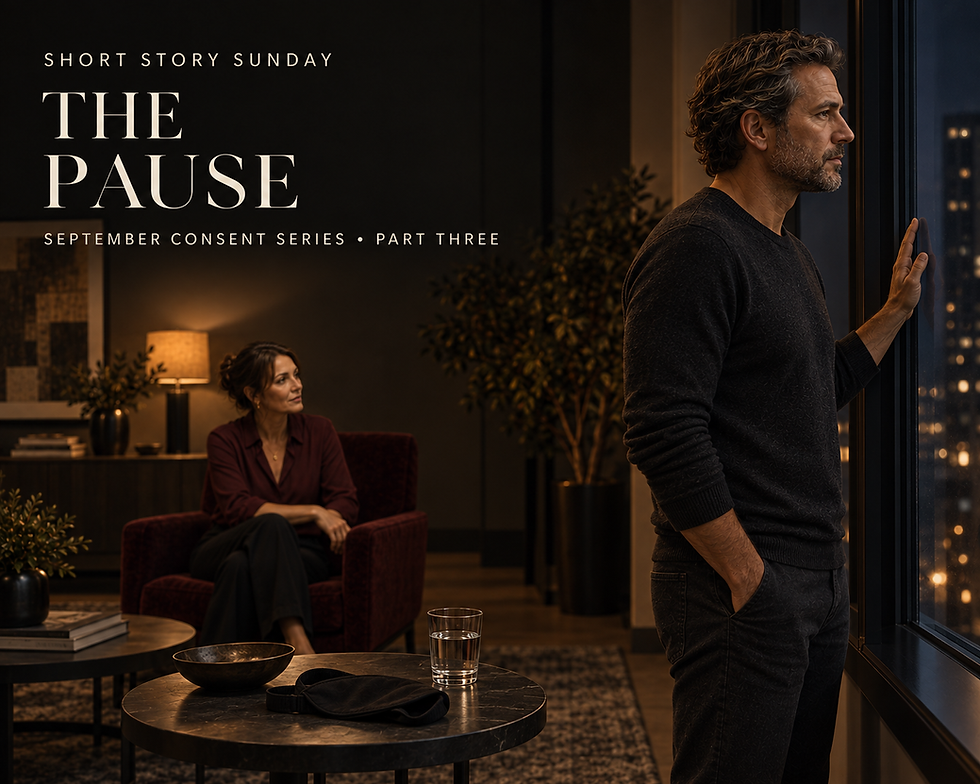 Elias stands at a nighttime window with one hand against the glass as he regains his composure. Several feet behind him, Vivienne sits in a burgundy armchair, watching attentively while giving him space. A removed black blindfold and glass of water rest on a foreground table, reflecting the story’s themes of safewords, consent, and care without pressure or resentment.