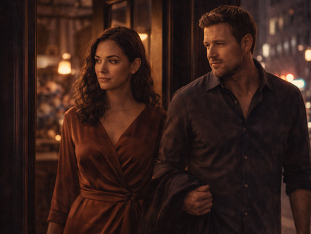 Promotional graphic for “The First Choice” showing Selene and Keith stepping out of a wine bar onto a city street at night. Selene, with dark curly hair and a wrap-style dress, walks beside Keith, who carries his jacket over one arm. Warm amber light spills from the doorway behind them, contrasting with the darker city street beyond. Text on the image reads “Short Story Sunday” and “The First Choice.”