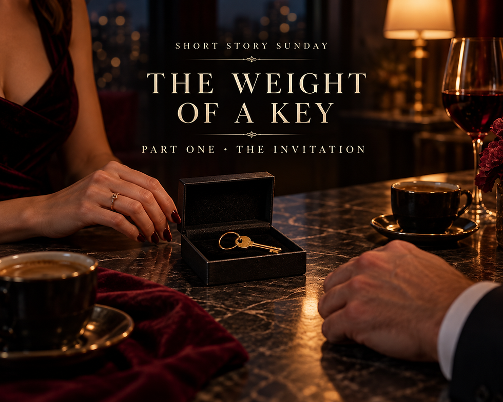 Mara and Nathan sit across a dimly lit table, an open black box holding a brass key between them. Text reads: “Short Story Sunday — The Weight of a Key — Part One: The Invitation.”