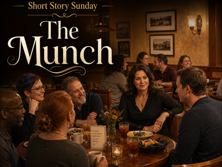 Short Story Sunday graphic for “The Munch” showing a warm, vanilla restaurant setting where a group of adults sit together around a table with drinks and dinner plates. A confident woman in black appears calmly engaged near the center while a man seated nearby is welcomed into the conversation. The scene feels friendly, discreet, and community-focused, with large elegant text reading “Short Story Sunday: The Munch.”