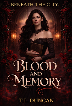 A gothic book cover showing a dark-haired woman in a black gown holding an old book in a candlelit library framed by red roses and shadow, with the title Beneath the City: Blood and Memory and author name T.L. Duncan.
