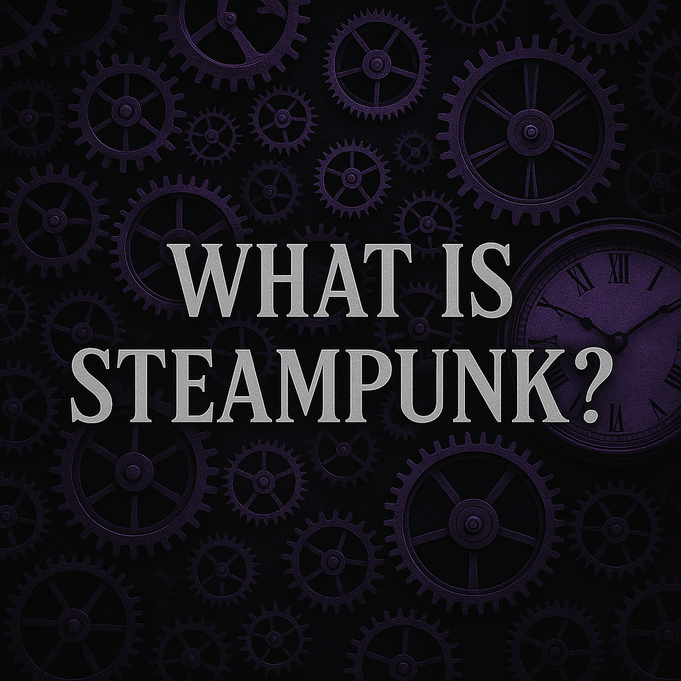 Steampunk gears and clockwork cogs in metallic silver and dark purple on a black background, accented with pipes and brass elements. Elegant gothic lettering reads ‘What Is Steampunk?’—a visual blend of Victorian style and futuristic imagination representing T.L. Duncan’s steampunk blog series.
