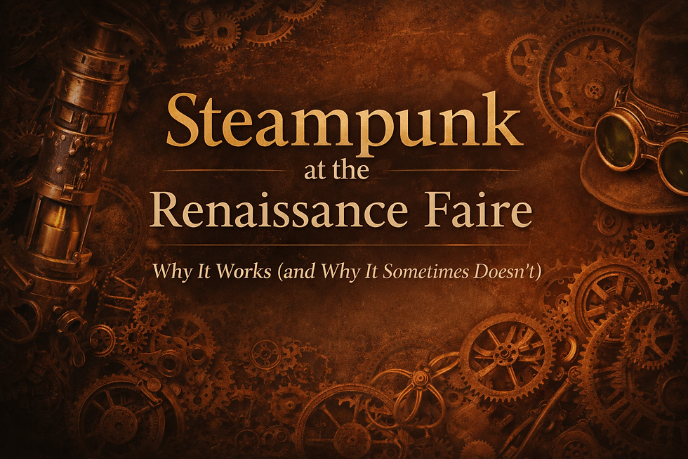 Steampunk-themed blog header with the title “Steampunk at the Renaissance Faire” in gold lettering on a warm copper and bronze background. Decorative gears, cogs, goggles, and mechanical elements frame the text, with the subtitle “Why It Works (and Why It Sometimes Doesn’t).”