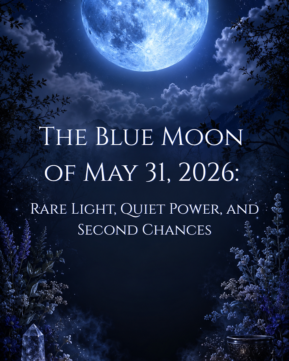 Vertical Pagan blog graphic showing a glowing blue full moon in a dark night sky above misty mountains, clouds, and silhouetted tree branches. The title reads “The Blue Moon of May 31, 2026: Rare Light, Quiet Power, and Second Chances” in white serif lettering. Moonlit flowers, crystals, candles, and ritual elements frame the lower edges.