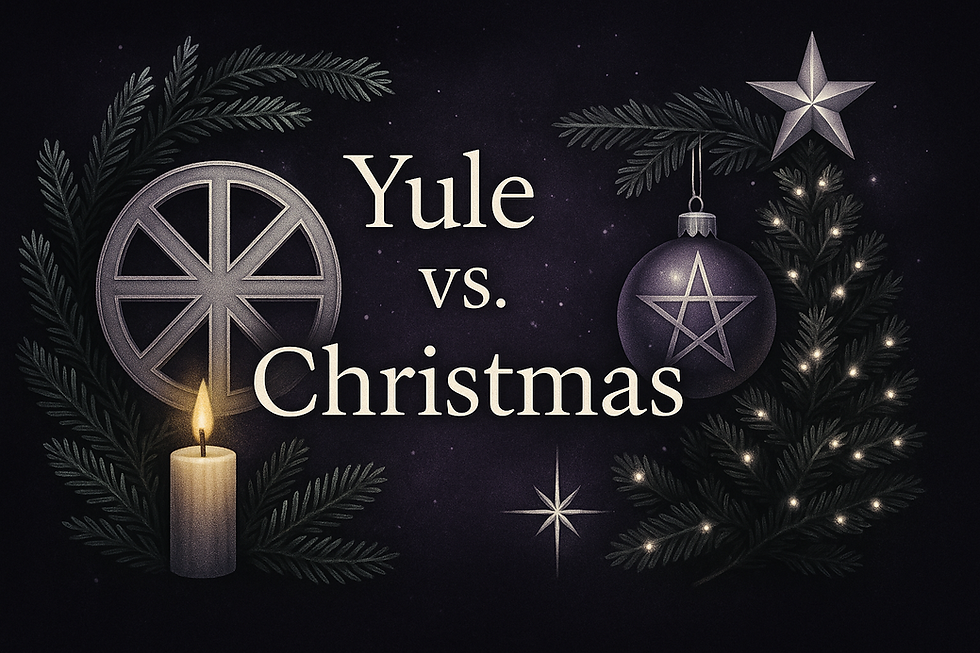A dark purple Conjure Cave–themed graphic contrasting Yule and Christmas. On the left, evergreen branches frame a silver Yule sunwheel and a lit candle. On the right, a Christmas tree with soft white lights, a metallic star topper, and a purple ornament marked with a pentacle. At the center, cream-colored text reads “Yule vs. Christmas” against a star-speckled twilight background.