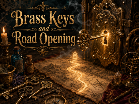 Steampunk-style website graphic titled “Brass Keys and Road Opening.” An ornate brass key glows as it turns inside an elaborate lock, while a trail of golden light winds across an antique map toward an open doorway. Brass gears, additional keys, bottles, candles, crystals, a compass, and ritual tools surround the scene.