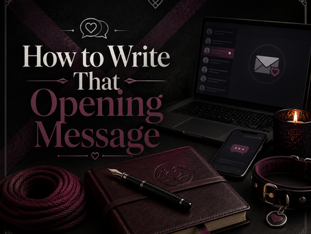 Dark gothic promotional graphic for a BDSM education blog post titled “How to Write That Opening Message.” The design features a moody black and deep plum desk scene with a leather journal, fountain pen, laptop showing a message inbox, phone with a chat icon, coiled rope, collar, and candlelight, emphasizing communication, consent, and respectful first messages.