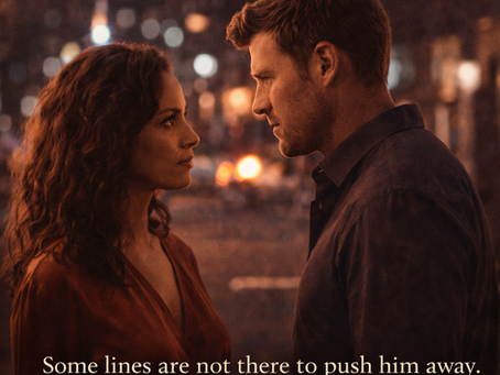 Promotional graphic for “The First Boundary” showing Selene and Keith standing face to face on a city street at night. Selene, with dark curly hair and a wrap-style dress, looks steadily at Keith, who faces her in a dark button-down shirt. The background is softly blurred with warm streetlights and city glow. Text on the image reads “Short Story Sunday,” “The First Boundary,” and “Some lines are not there to push him away. They are there to teach him where respect begins.”