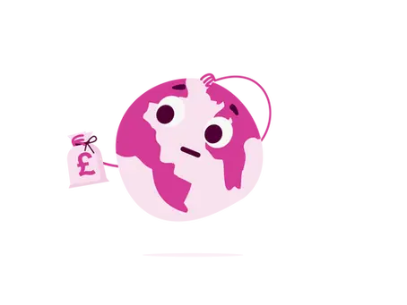 An illustrated planet earth character scratches their head looking at the bag of money they are holding.