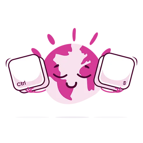 Positive illustrated Earth character holding "Ctrl" and "S" keyboard keys.