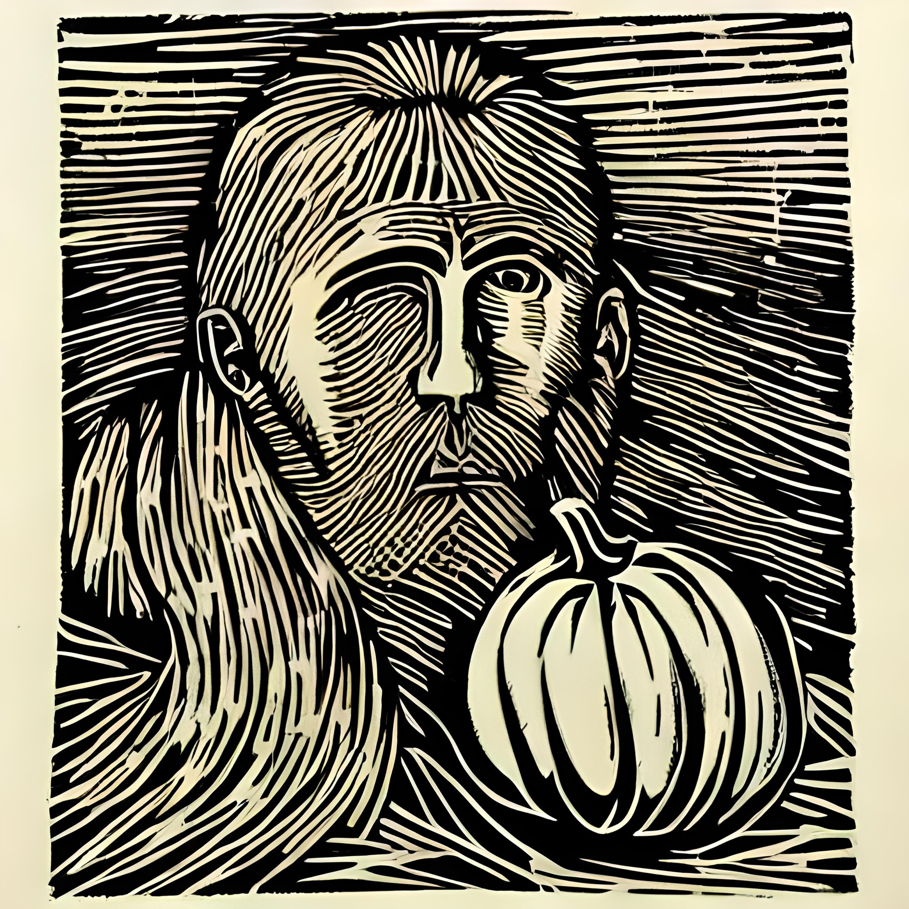 A woodcut illustration featuring a man with long hair holding a pumpkin, showcasing intricate details and textures.