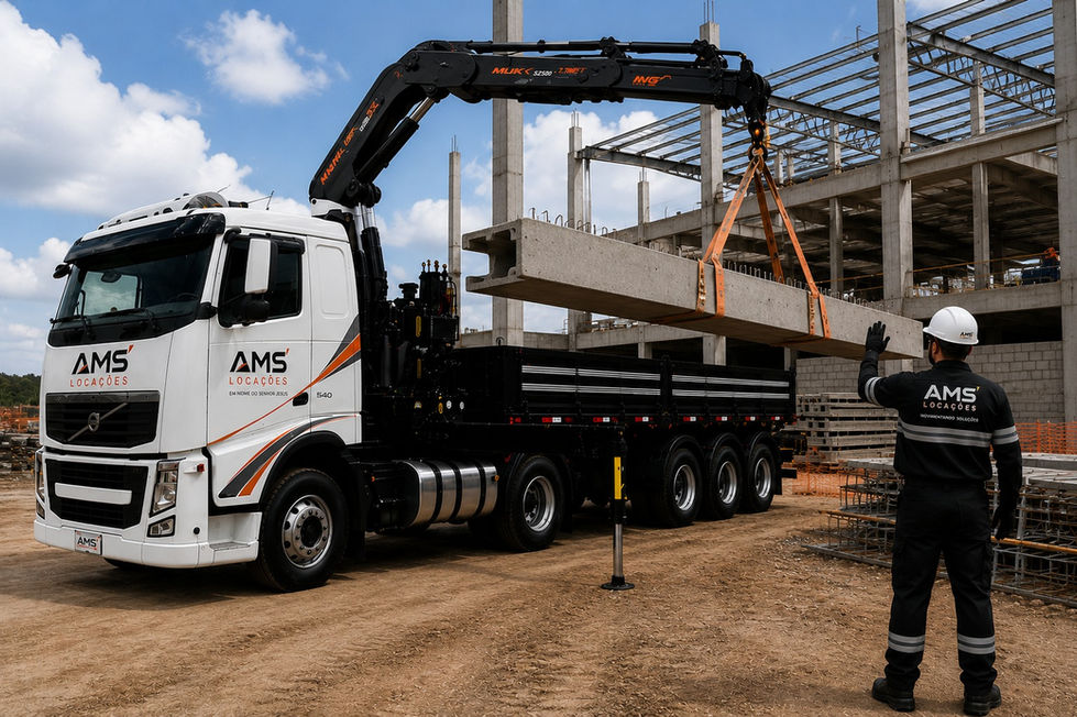 Movimentação e posicionamento de viga pré-moldada de concreto com caminhão Munck