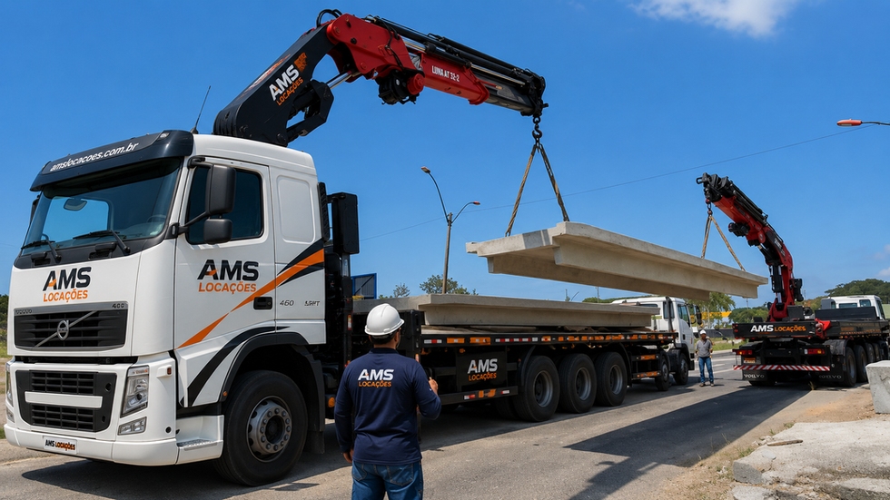 Içamento e transferência de peça pré-moldada de concreto entre caminhões Munck