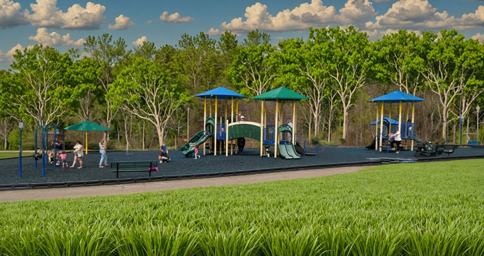 Wide angle view of a playground with children playing near picnic tables and walking trails