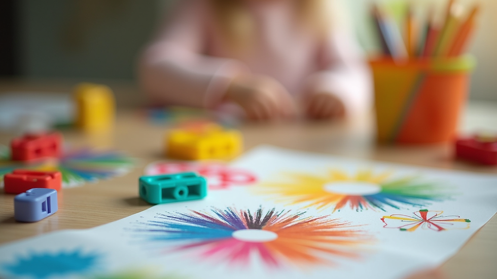 Close-up view of colorful preschool craft materials on a table