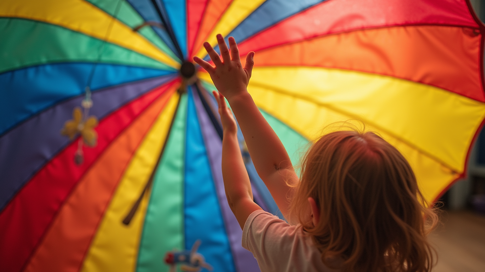High angle view of a colorful parachute being used in a preschool music activity