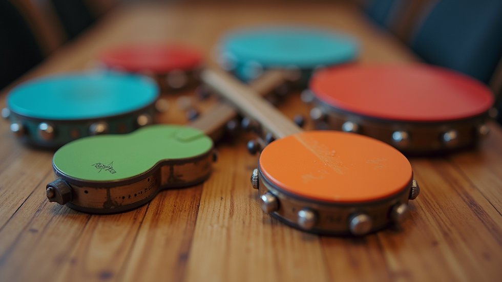 Eye-level view of colorful musical instruments arranged on a wooden table