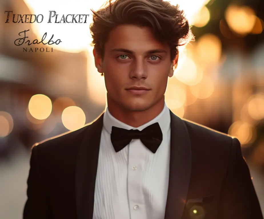 Modello che indossa una camicia bianca con il cannolo tuxedo, papillon nero e giacca da smoking.