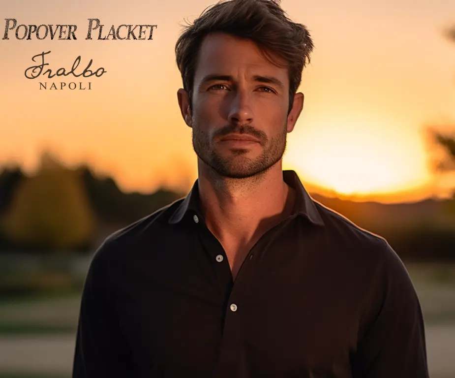 Modello che indossa una camicia polo nera con il cannolo popover a 3 bottoni