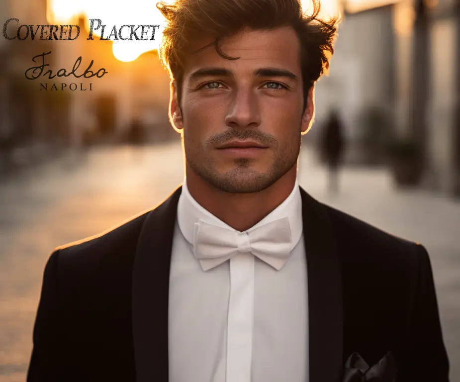 Modello che indossa una camicia bianca con il cannolo nascosto. Papillon e smoking