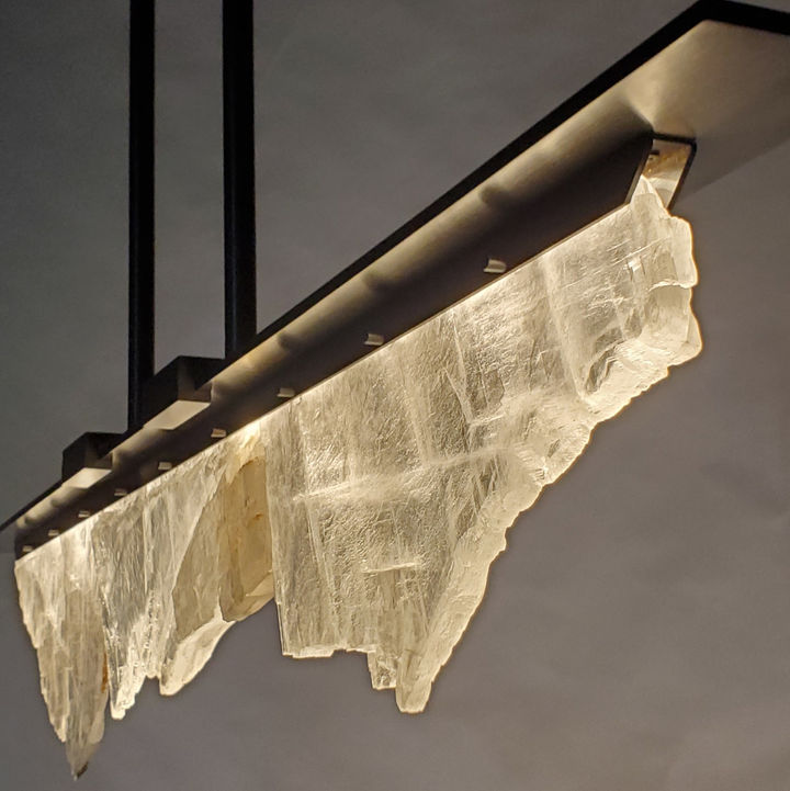 Our TCC-60 custom selenite hanging pendant. Hand made using all natural stone and brass.