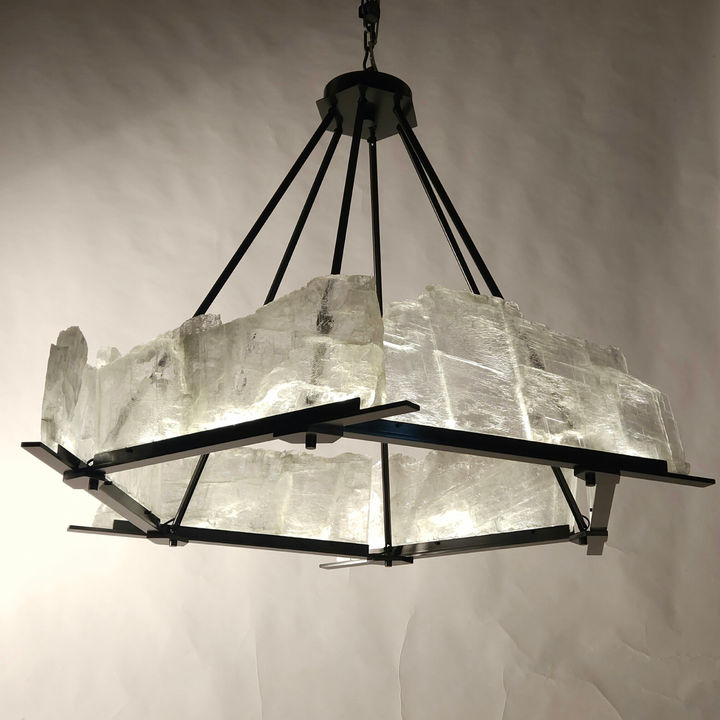 TCC-63 in 60" Diameter. Six sided Selenite crystal ceiling fixture. Dimmable LED lit Chandelier. Custom sizes offered.