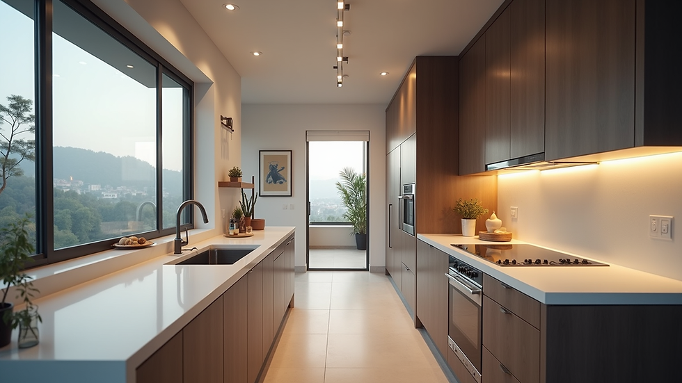 High angle view of a newly remodeled kitchen with modern appliances and lighting