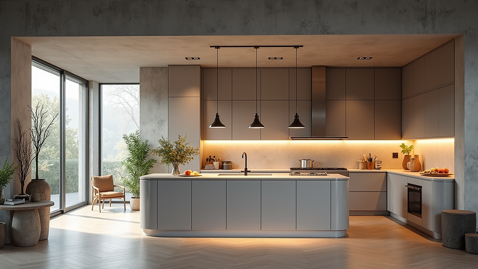 High angle view of a spacious open concept kitchen with modern lighting
