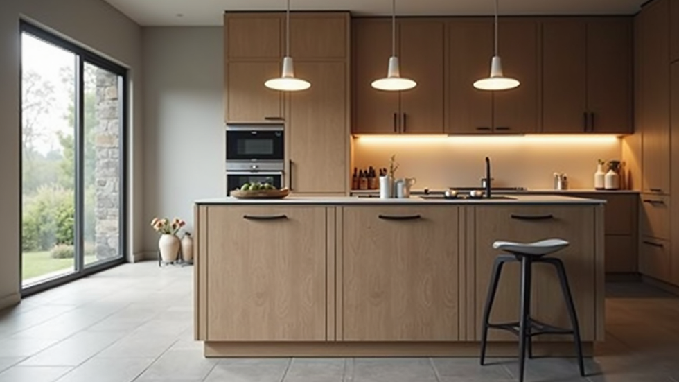Close-up view of a kitchen island with built-in storage and pendant lighting