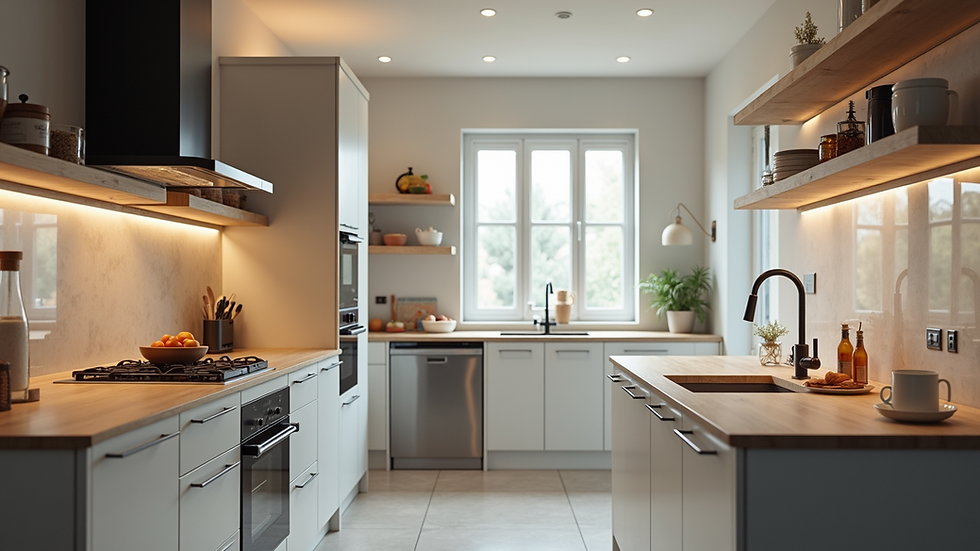 High angle view of a newly remodeled kitchen with modern appliances and lighting