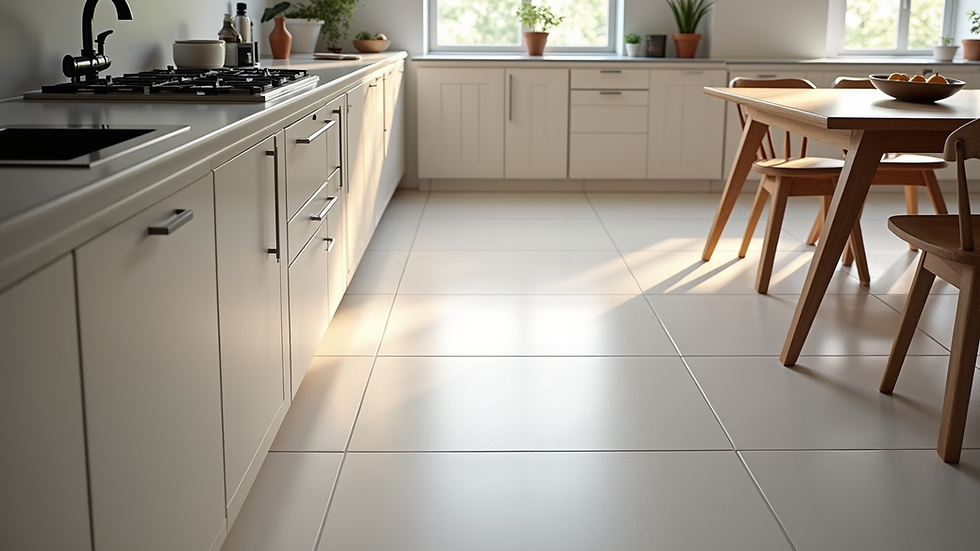 High angle view of porcelain tile kitchen floor with modern cabinets