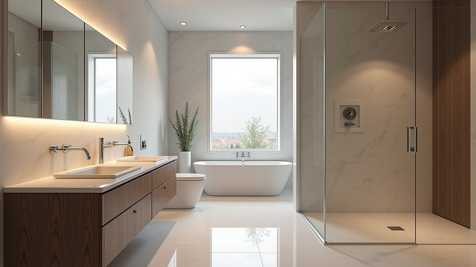 Wide angle view of modern bathroom with new vanity and updated lighting