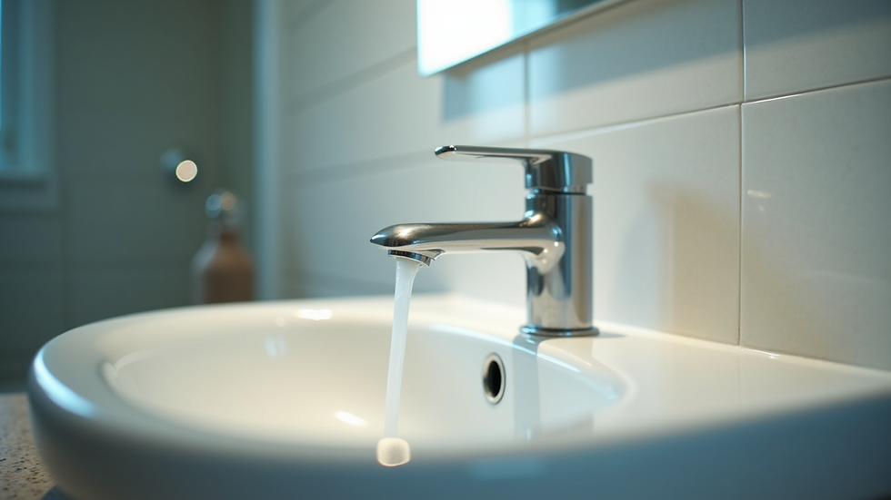Eye-level view of a modern bathroom sink with new faucet and bright lighting