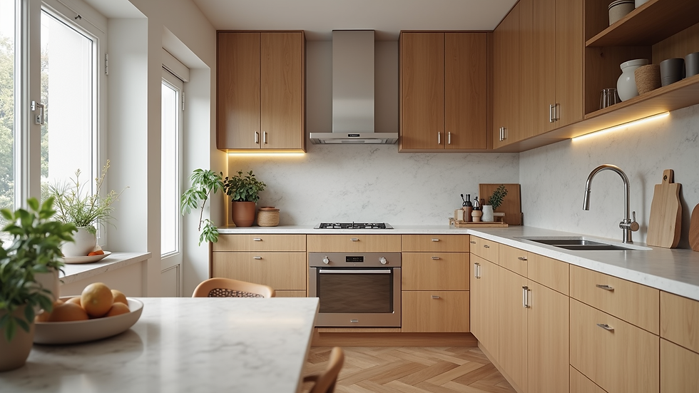 Eye-level view of a remodeled kitchen with solid wood cabinets and quartz countertops
