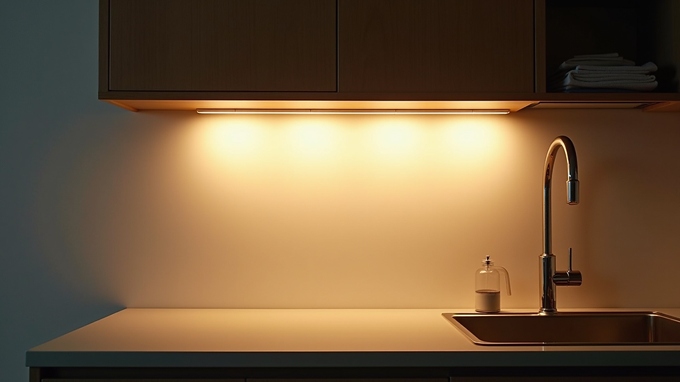 Close-up view of under-cabinet LED lighting illuminating a small kitchen countertop