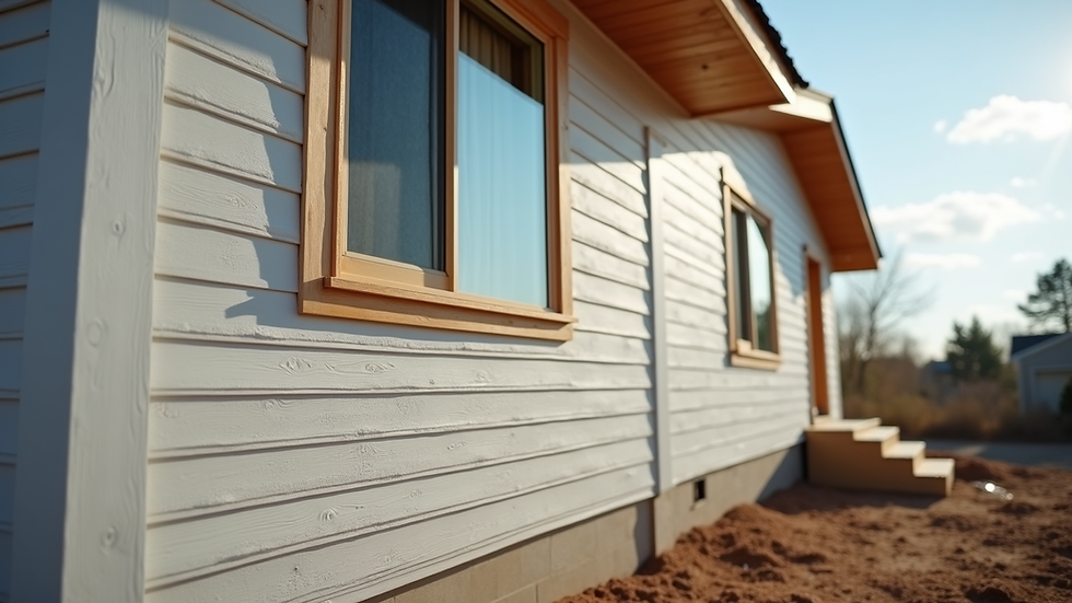 Eye-level view of a newly built home addition with fresh siding and windows