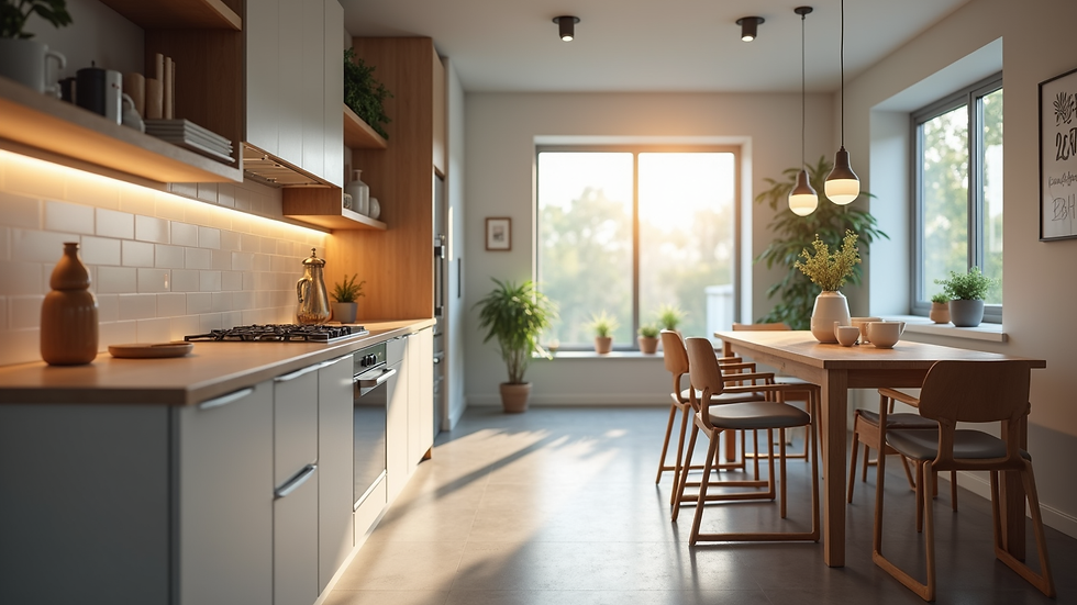 High angle view of a newly remodeled kitchen with modern appliances and lighting