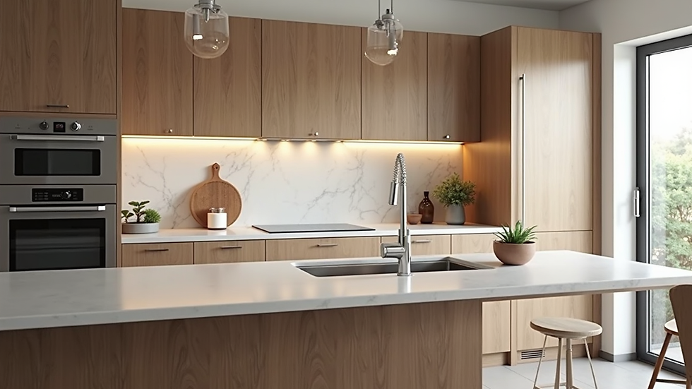 High angle view of a finished kitchen remodel with modern appliances and lighting