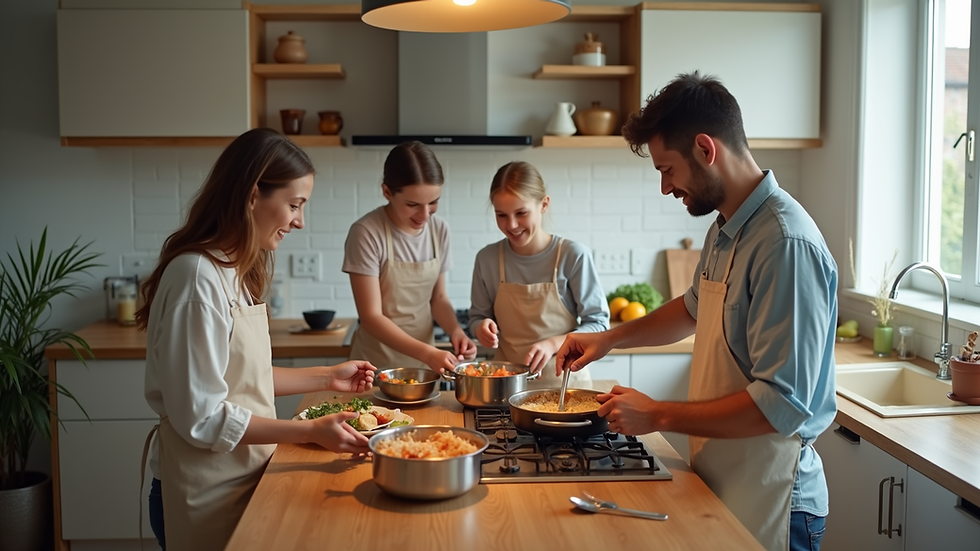 High angle view of a family cooking together in a modern kitchen