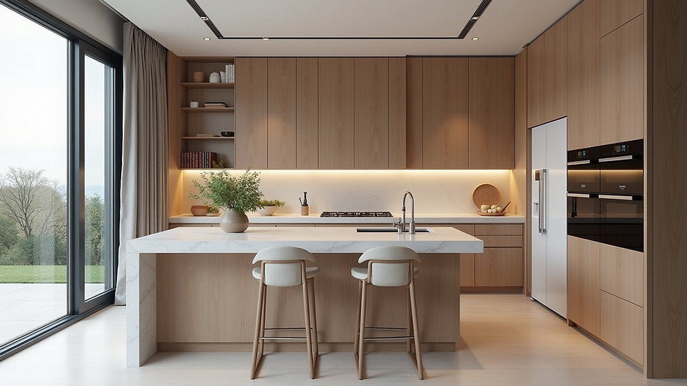 Eye-level view of a modern custom kitchen with sleek cabinetry and integrated appliances