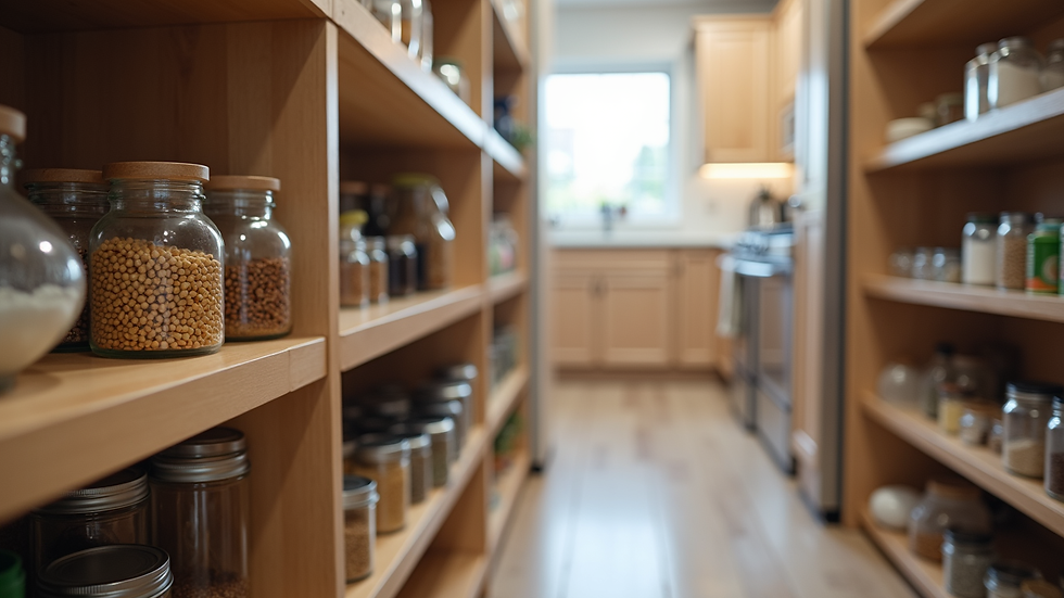 Close-up view of pull-out pantry shelves filled with organized kitchen items