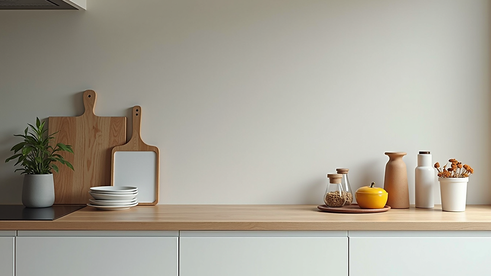 High angle view of a clean and organized kitchen countertop after remodel