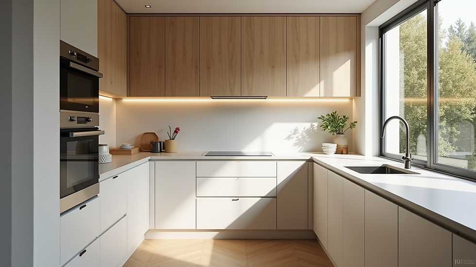 Eye-level view of a modern kitchen remodel with custom cabinetry