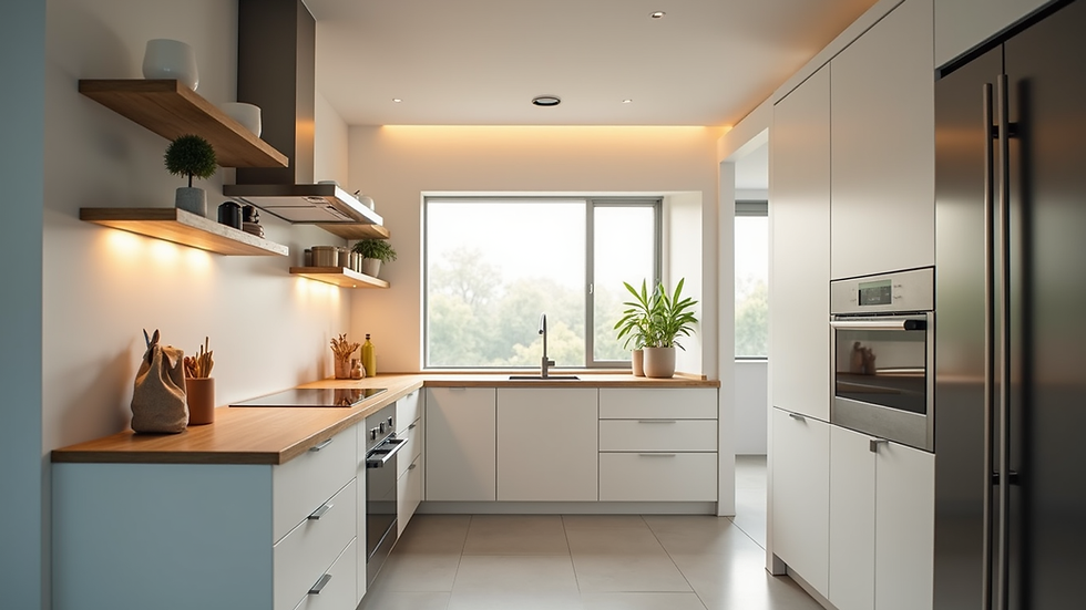 High angle view of a newly remodeled kitchen with bright lighting and modern appliances