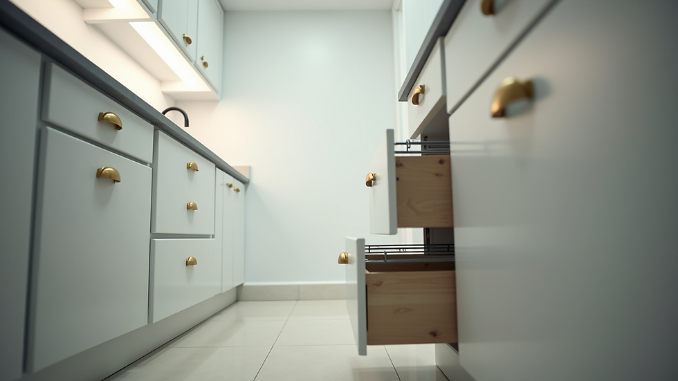 Eye-level view of a small kitchen with tall white cabinets and pull-out drawers