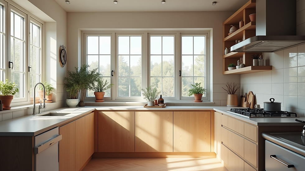 High angle view of a remodeled kitchen with energy-efficient windows and insulation